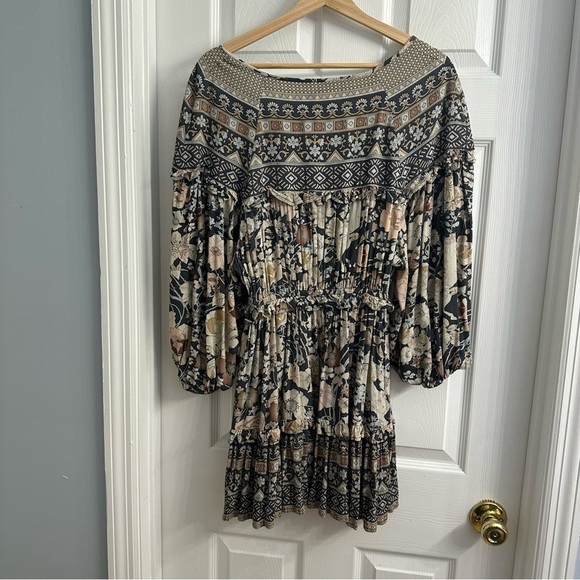 Spell Mini Dress Long Sleeve Boho Gray Floral Playdress Hippie Desert Size Small - Picture 6 of 9